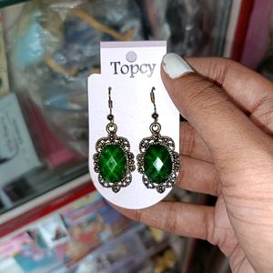 Memoir Emerald Color Oval Cabochon, Golden CZ studded, Oxidised Tibetan look Antique Earrings