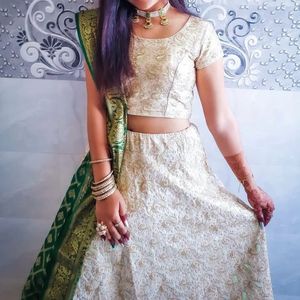 Cream Colour Lehenga Choli With Green Dupatta