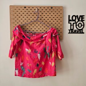 AJIO Off Shoulder Pink Top With Tie-up