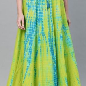 Lime Green And Blue Dyed Flared Maxi Skirt