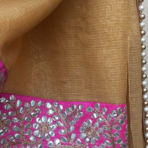 Yellow Saree With Heavy Pink Border And blouse!