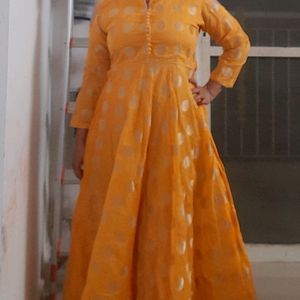 Haldi Yellow Kurti Long Dress Frock. Embroidery.