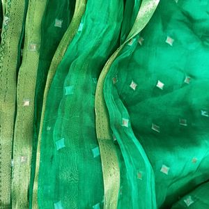 Green Colour Saree With Gold Dots...No Blouse