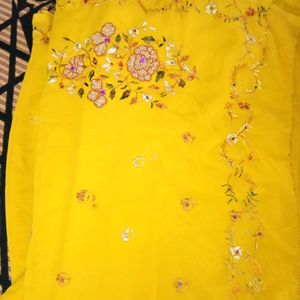 Thread Work Biscuit Yellow Saree