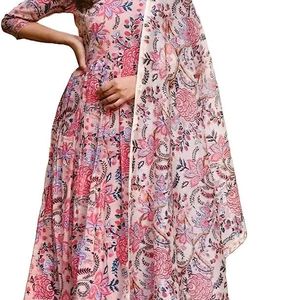 Pink Long Kurta With Pant Dupatta