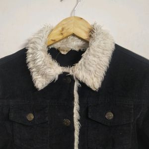 Black Corduroy Jacket With Fur Detailing