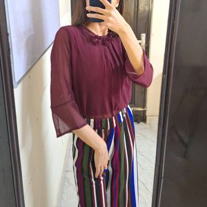 WINE COLOR 3/4 BELL SLEEVES TOP