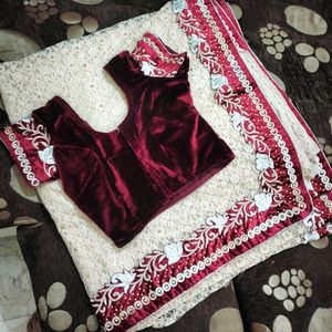 Beutiful Saree With Red Velvet Blouse (COMBO)