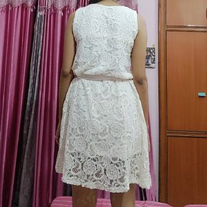 Off White Dress With Ribbon Belt