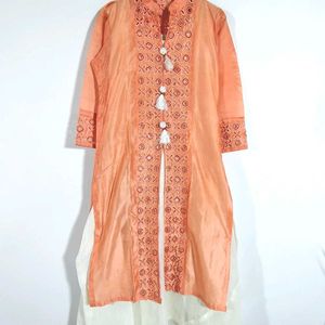 White And Coral Kurta Set (Women's)