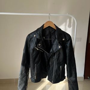 Black Solid Faux Leather Jacket