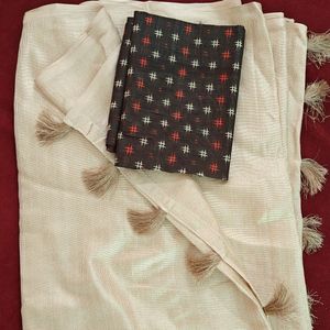 Jute Cotton Saree With Unstitched Blouse Piece.