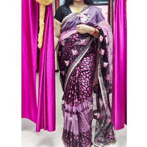 A Beautiful Pink Black Combination Floral Saree