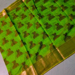 Green Colour Cotton Blend Pattu Border Saree