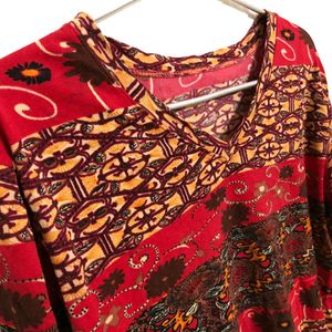 V Neck Printed Red Top