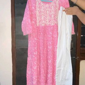 Pink Cotton Anarkali Set With White Pant Palazo