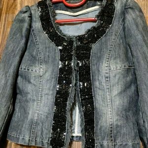 Women Embroidered Beading Cropped Denim Jacket