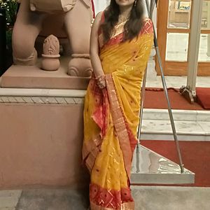 Yellow And Red Bandhani Festive Saree