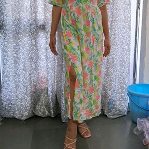 Vibrant Floral Print Maxi Dress With Side Slit