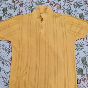 Yellow Flat Knit Solid Polo T-Shirt For Men