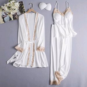 3 Piece Satin Silk Pajama Set With Robe