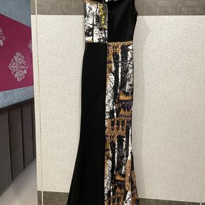 Black N Gold Printed Party Wear Strectable Gown