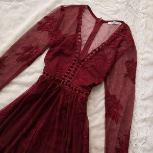 Brownish Maroon Embroidery v Neck Gown