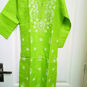 Chikanwork Pure Cotton Straight Kurta Green