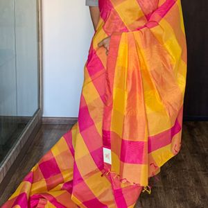 Yellow And Pink Checked Silk Saree