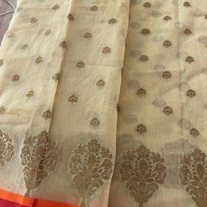 Cream Printed Cotton Silk Saree (Women)