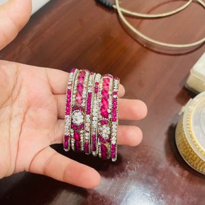 Pink Silver Kada Bangles Set