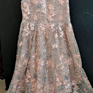 Beautiful Grey N Pink Floral Net Frock