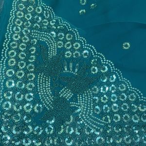 Full Handwork Saree In Sea Green Color