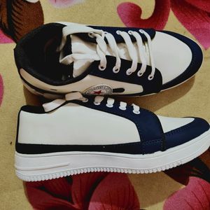 Navy Blue, White Coloured Leather Shoes