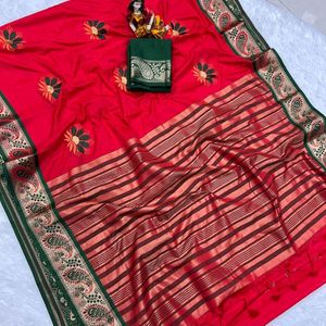 Red Paithani Saree With Flowered Design