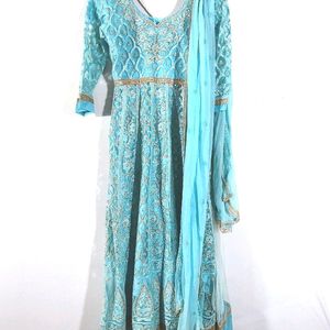 Cyan Embroidered Anarkali Set (Women's)