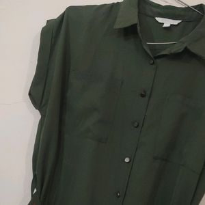 Olive Green Shirt Type Dress With A Belt