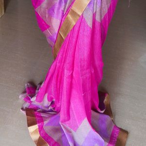 Magenta Tissue Saree with Silver Zari Border