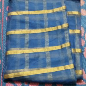 Blue Saree With Golden lines