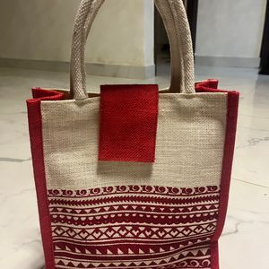 Maroon And Cream Jute Bag-Brand New