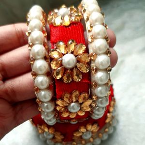 Red Velvet White Pearl Royal Bridal Bangles Set