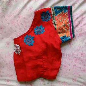 Embroided Red Saree With Blouse