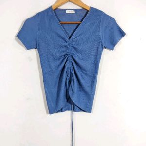 Blue V Neck Ribbed Top