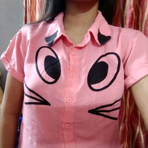 Cat Print Crop Shirt Top Size S