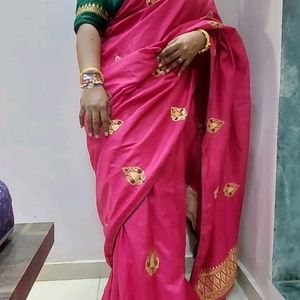 Pink Saree With Green Blouse
