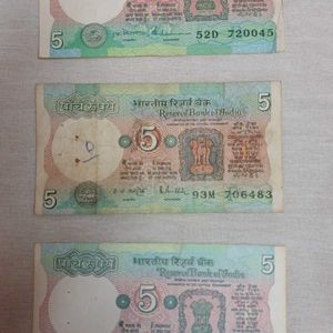 3 Old  Currency Five Rupee Notes