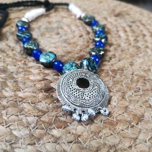 Blue Onyx Stone Necklace With Oxidized Pendant