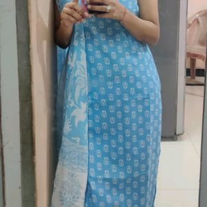 Blue Printed Sleeveless Kurta Set