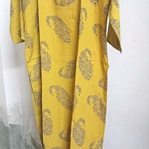 Mustard And Blue Printed Cotton Kurta