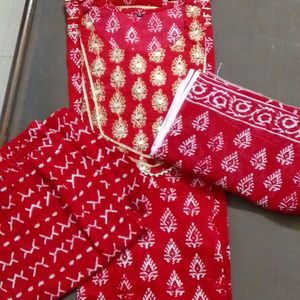 Red Cotton Anarkali Suit 3 Piece Set